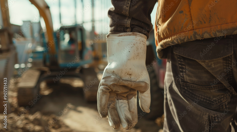 A construction worker's gloved hand stands dominant in the foreground, with a defocused excavator at work in the background. A construction worker's gloved hand stands dominant in the foreground, with a defocused excavator at work in the background.