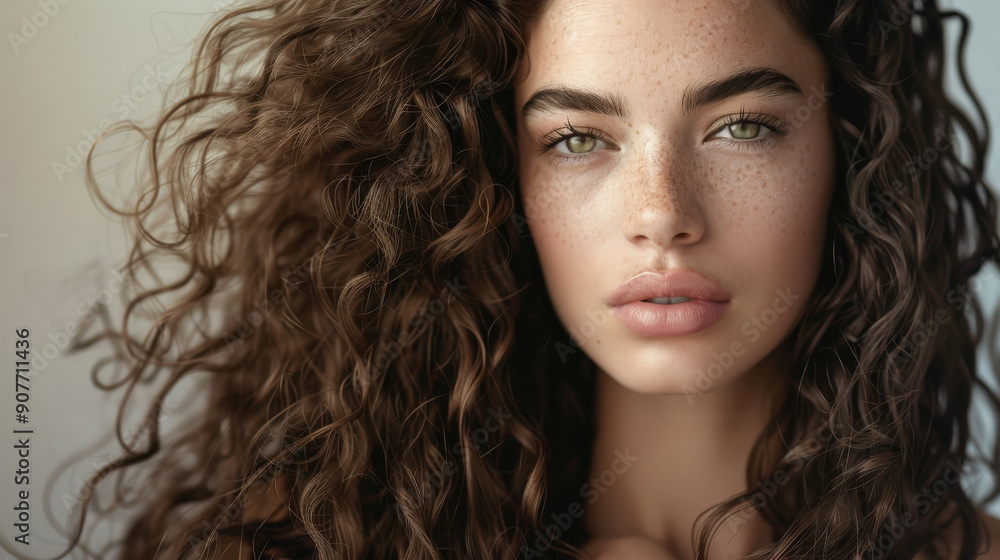 A woman with voluminous, curly hair gazes directly into the camera, her freckled face highlighted by soft, natural light, exuding confidence and beauty. A woman with voluminous, curly hair gazes directly into the camera, her freckled face highlighted by soft, natural light, exuding confidence and beauty.