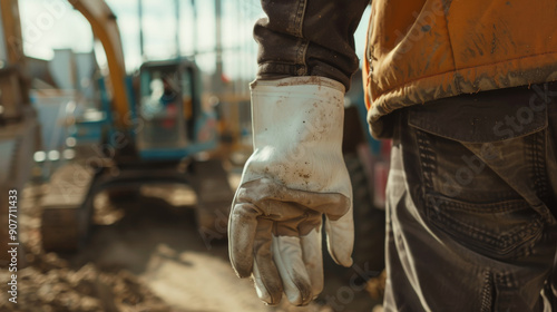 A construction worker's gloved hand stands dominant in the foreground, with a defocused excavator at work in the background.