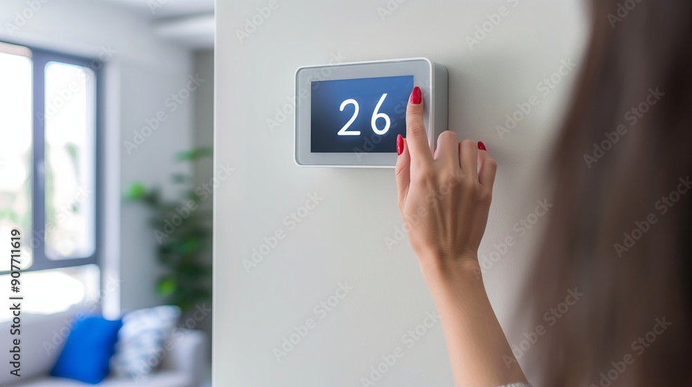 Woman Adjusting Smart Thermostat at Home Woman Adjusting Smart Thermostat at Home