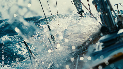 Vibrant ocean waves splash against a sailboat in a dynamic and exhilarating seafaring adventure, capturing the raw power of nature.