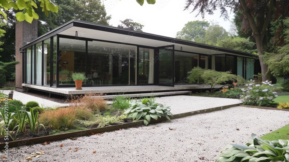 Fototapeta premium Picture a modernist house in the UK with a flat roof, large glass windows, and a minimalist front garden.