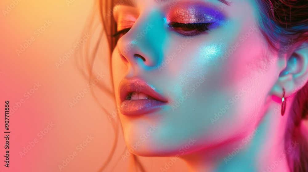 A close-up of a woman with colorful makeup and closed eyes, under soft, dreamy lighting, highlighting artistic beauty and tranquility. A close-up of a woman with colorful makeup and closed eyes, under soft, dreamy lighting, highlighting artistic beauty and tranquility.