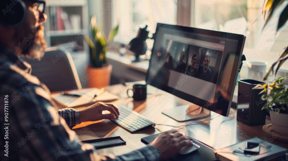 A man works intently at his desk, wearing headphones and engaging in a video conference on his large computer screen.