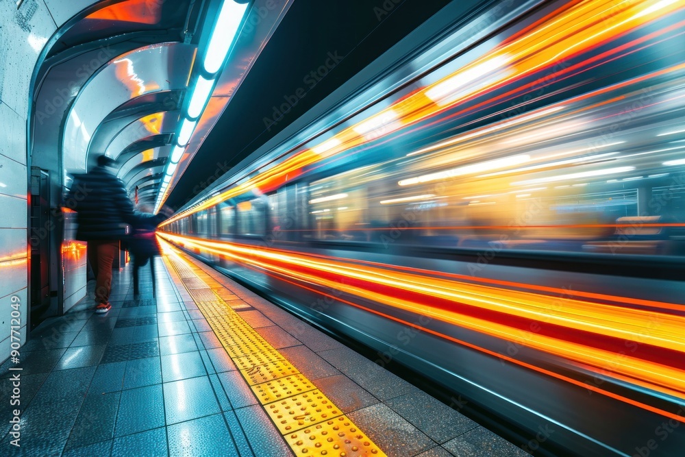A fast motion blur train with glowing lines passing by people silhouette subway platform, underscoring vibrant city A fast motion blur train with glowing lines passing by people silhouette subway platform, underscoring vibrant city