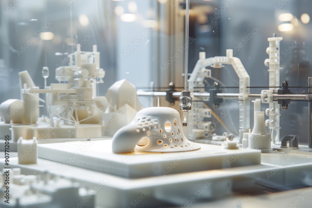 Depiction of Additive Manufacturing 3D Printer Creating a Complex Object in an Industrial Setting Depiction of Additive Manufacturing 3D Printer Creating a Complex Object in an Industrial Setting