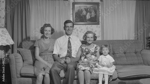 60s-era black and white photo of a cheerful older couple with their children sitting together on a living room couch.