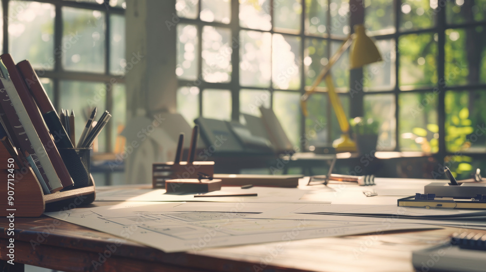 A sunlit creative workspace with blueprints and drawing tools on a wooden table, bathed in the warm natural light coming through large windows. A sunlit creative workspace with blueprints and drawing tools on a wooden table, bathed in the warm natural light coming through large windows.
