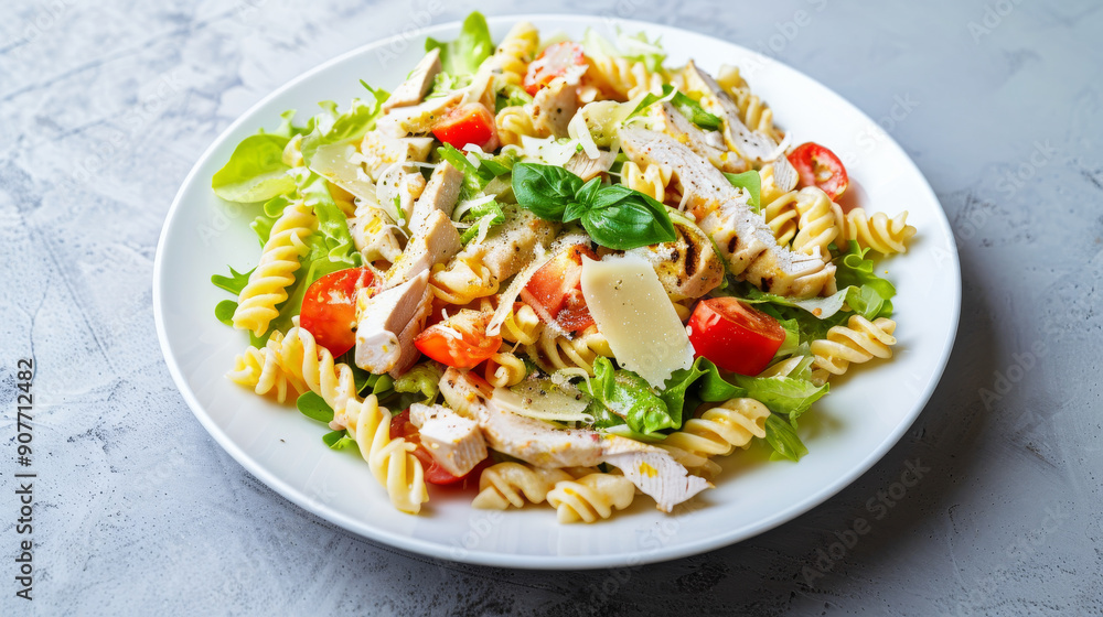 A colorful plate of fusilli pasta salad with grilled chicken, cherry tomatoes, basil, and parmesan cheese, creating a fresh and appetizing dish. A colorful plate of fusilli pasta salad with grilled chicken, cherry tomatoes, basil, and parmesan cheese, creating a fresh and appetizing dish.