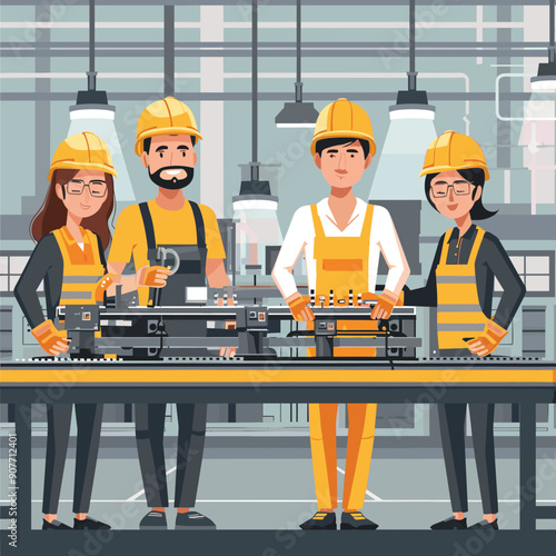 Four industrial workers uniform operate machinery factory setting. Team two women, two men wearing safety gear work assembly line. Diverse factory staff hard hats, safety vests engaged production