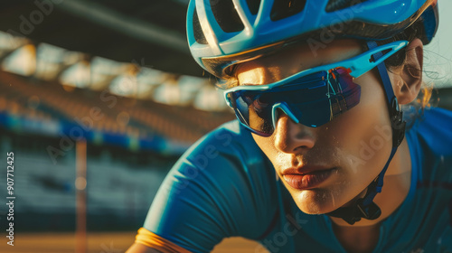 A determined cyclist in a blue outfit and helmet rides, focused and driven, through an empty stadium, bathed in warm sunlight.