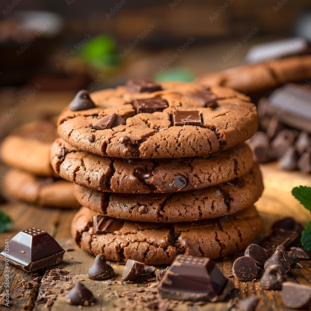 A stack of freshly baked, gooey chocolate chip cookies rests on a rustic wooden table, surrounded by chocolate chunks and chips, perfect for promoting bakeries, dessert recipes, or food blogs, A stack of freshly baked, gooey chocolate chip cookies rests on a rustic wooden table, surrounded by chocolate chunks and chips, perfect for promoting bakeries, dessert recipes, or food blogs,