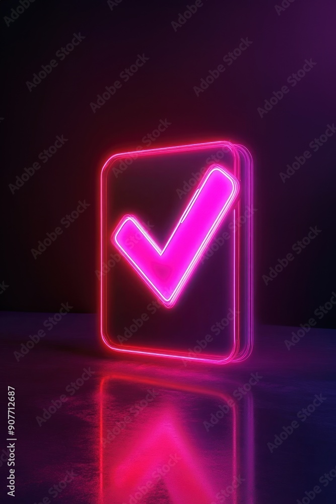 Glowing neon checkmark icon on dark background symbolizes business performance checklist concept, task completed Glowing neon checkmark icon on dark background symbolizes business performance checklist concept, task completed
