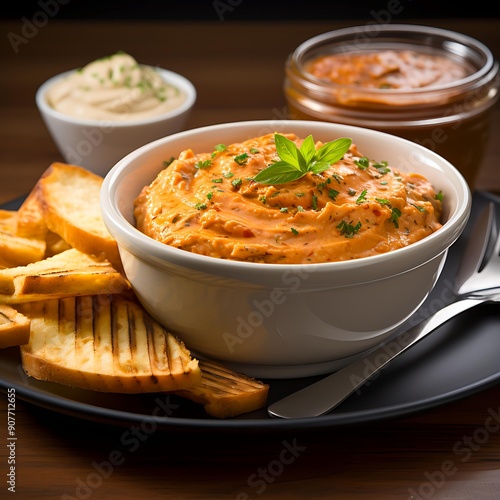 A savory roasted red pepper dip garnished with fresh herbs in a white bowl, accompanied by grilled bread slices, mayonnaise, and a jar of sauce, perfect for food blogs, recipe sites