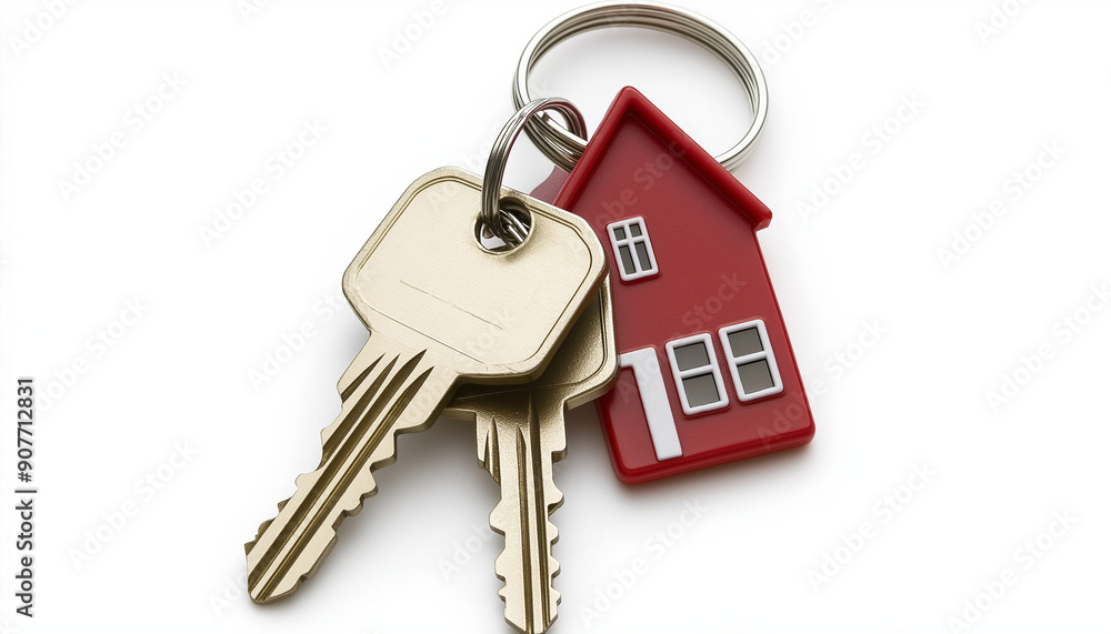 3D Isolated, Delivery of house keys concept, House keys with house shaped keychain. 3D Isolated, Delivery of house keys concept, House keys with house shaped keychain.