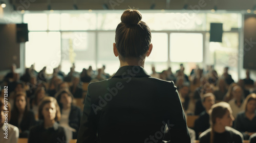 Wallpaper Mural Professional woman addresses a full audience from the stage in a modern conference room, exuding confidence. Torontodigital.ca