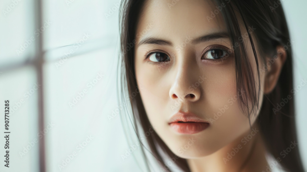 Naklejka premium A close-up of a young woman with a serene expression, gazing thoughtfully out of a softly lit window.