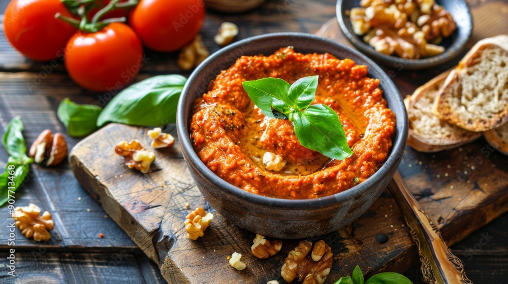 Delicious Roasted Red Pepper and Walnut Dip on Display for a Party Spread Delicious Roasted Red Pepper and Walnut Dip on Display for a Party Spread
