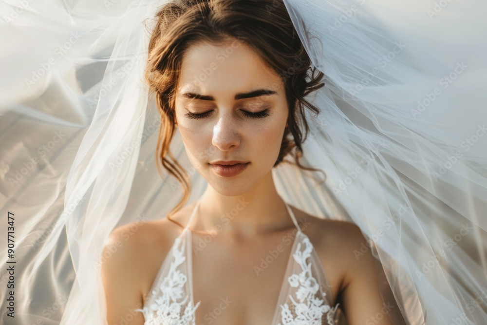 A woman gracefully adorns a white dress and veil A woman gracefully adorns a white dress and veil