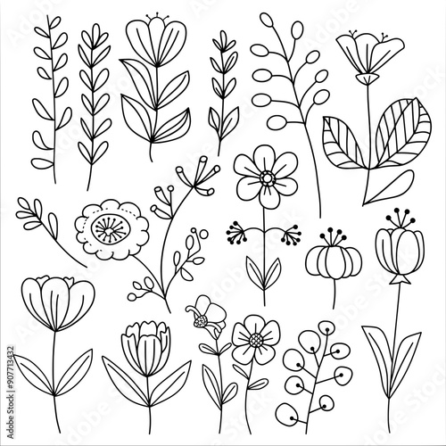 Flower illustration pattern foliage in flat line art style plain background, minimal style