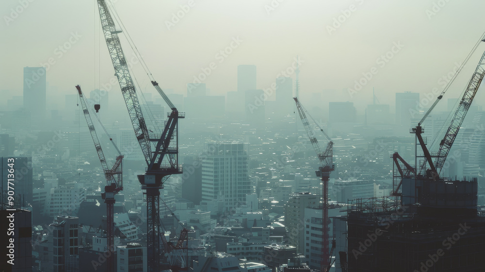 Towering construction cranes dominate a foggy urban skyline, symbolizing growth and industrial progress. Towering construction cranes dominate a foggy urban skyline, symbolizing growth and industrial progress.