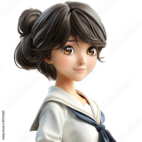 8. Youthful and cheerful digital 3D cel animation of a Japanese teenage woman with perfect skin, captivating eyes, and a charming smile, standing out against a white background, influenced by  photo