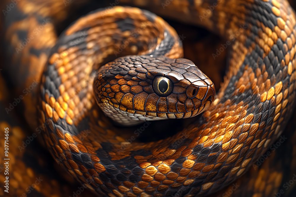 An image of a snake coiled elegantly, showcasing its sleek scales and distinctive pattern. The scene captures the snake in a natural setting, emphasizing its graceful movement and keen focus. This ima An image of a snake coiled elegantly, showcasing its sleek scales and distinctive pattern. The scene captures the snake in a natural setting, emphasizing its graceful movement and keen focus. This ima