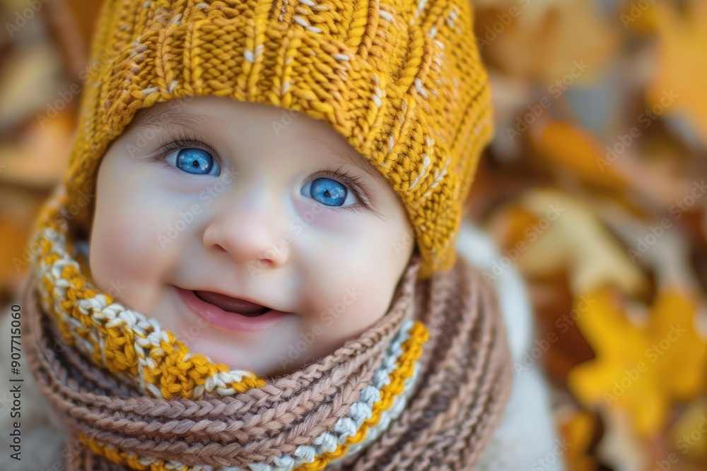 baby with blue eyes, yellow and brown knitted hat and scarf, smiling, autumn leaves, close-up sunny day baby with blue eyes, yellow and brown knitted hat and scarf, smiling, autumn leaves, close-up sunny day