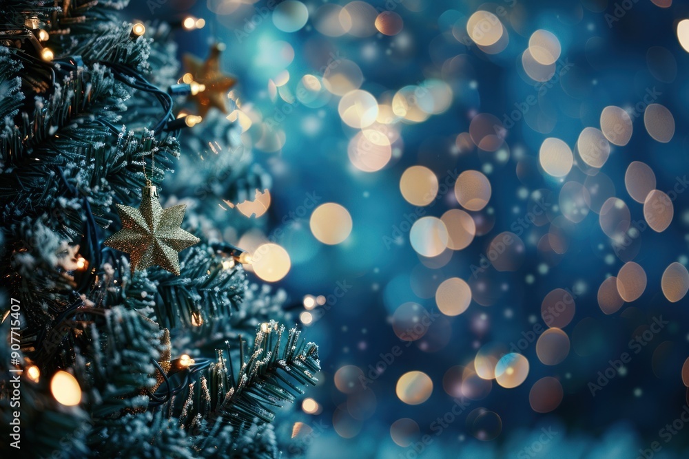 Beautiful Christmas background with an ornate Christmas tree on an evening blue background with blurry shiny lights Beautiful Christmas background with an ornate Christmas tree on an evening blue background with blurry shiny lights