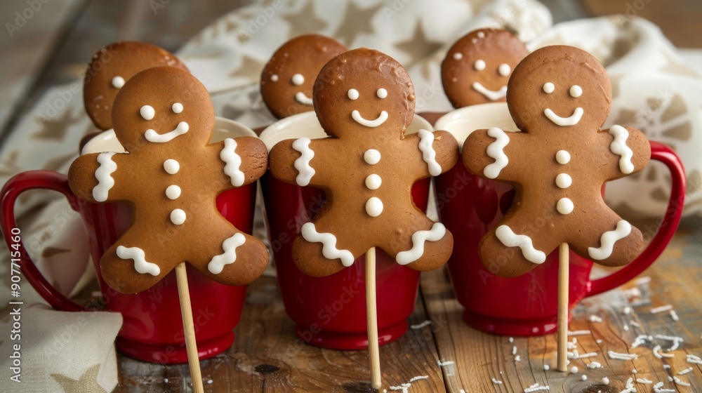 Festive Christmas Gingerbread on Sticks in Red Gift Cup with Copy Space. Festive Christmas Gingerbread on Sticks in Red Gift Cup with Copy Space.