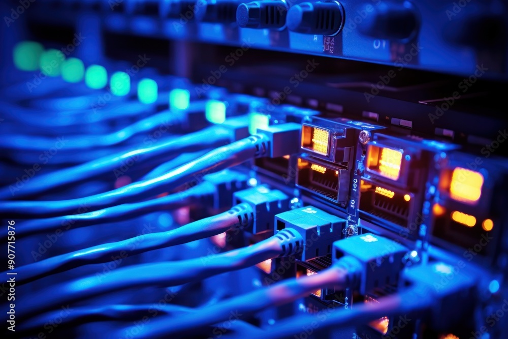 Naklejka premium Blue cables plugged into a server computer light electricity.
