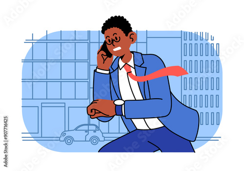 PC person. Business employee. Hurried man fast runs down city street. Businessman calling by smartphone. Worker in office male suit. Busy entrepreneur. Late manager. Rush character. Vector concept