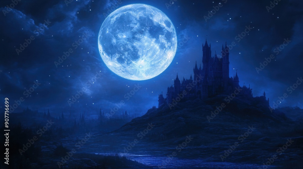 Castle on a hill under a full moon. Fairy tale fantasy night landscape. Castle on a hill under a full moon. Fairy tale fantasy night landscape.