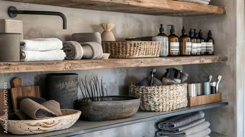 Bathroom accessories as decor: In the bathroom, open shelves display trendy bath essentials, including wooden organizers and metal accessories.