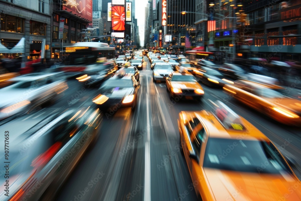 Cars in movement with motion blur. A crowded street scene in downtown Cars in movement with motion blur. A crowded street scene in downtown