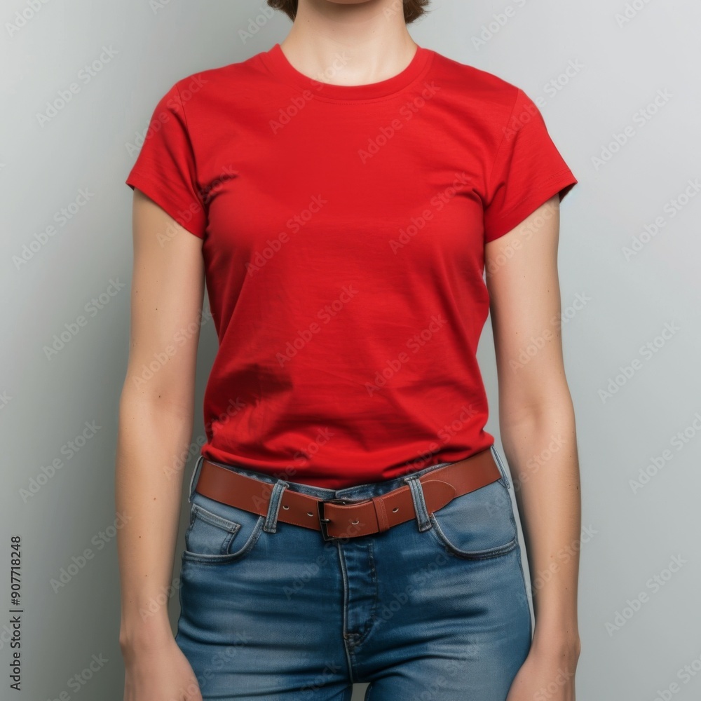 Obraz premium TShirt Mockup Colored TShirt on a Beautiful Woman Wearing Jeans with Arms at Her Sides Against a Plain White Background