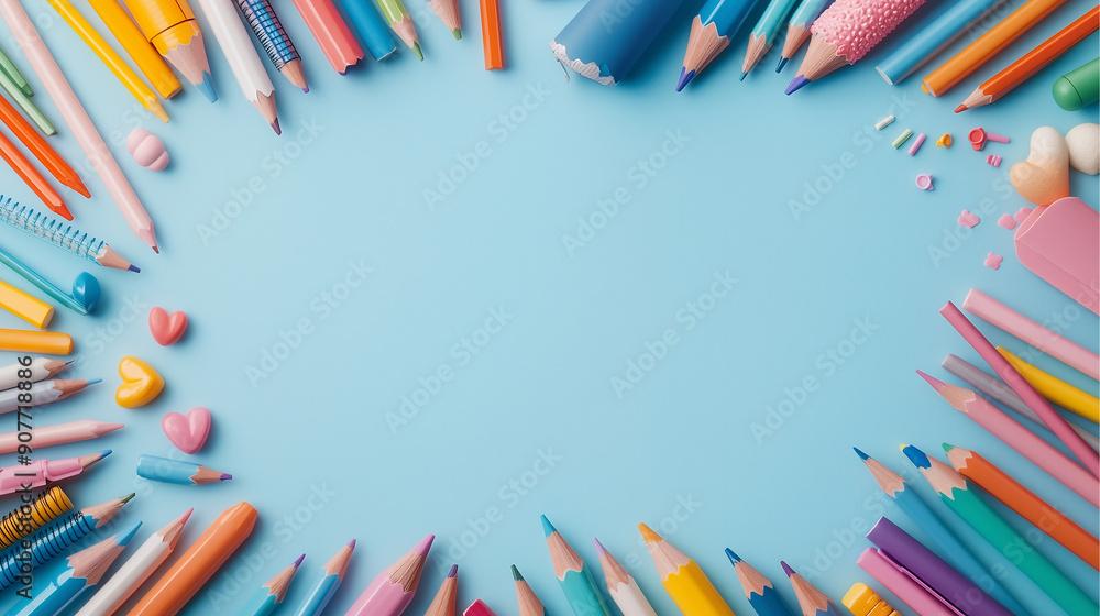Fototapeta premium Colorful assorted school and art supplies on a light blue background, arranged in a circular border design with empty space in the center.