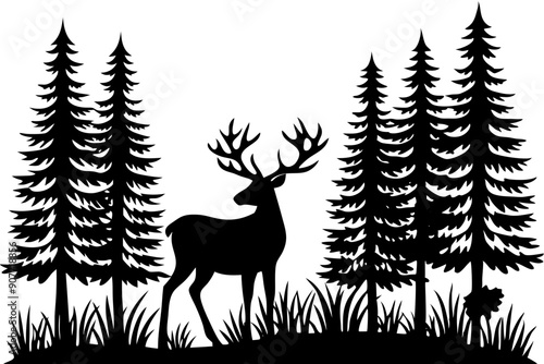Silhouette of a deer with pine trees and forest scenery on white background, Deer silhouette, vector illustration	
