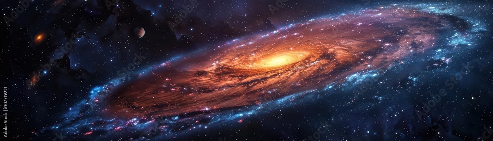 Fototapeta premium Design an aweinspiring galaxy with dark matter patterns and celestial bodies, side view, emphasizing cosmic wonders, Scifi tone, colored pastel, copy space for text,