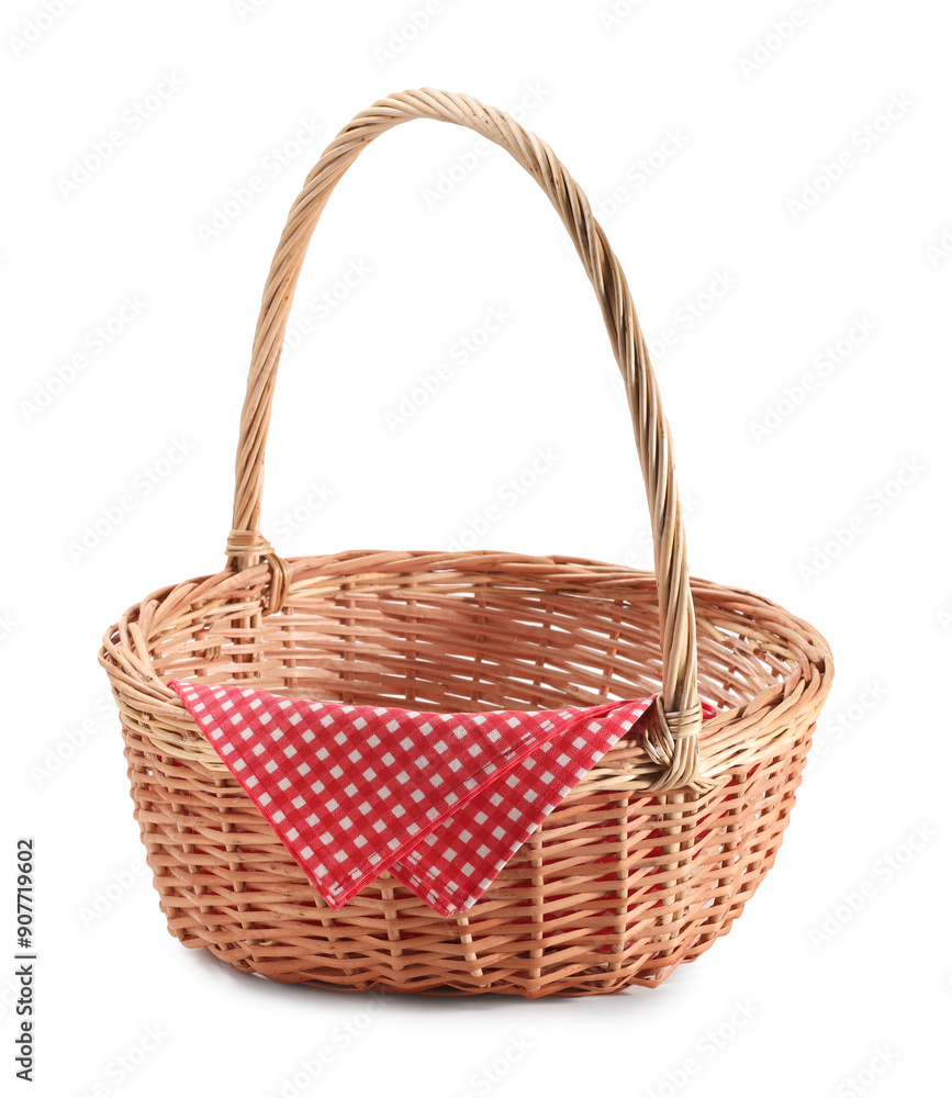 Obraz premium One picnic wicker basket with checkered napkin isolated on white
