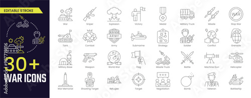 War Stroke icon collections. Containing Combat, Army, battle, conflict, military, missile, refugees, bomb, tank, collection. Stroke icon collection Outline icon