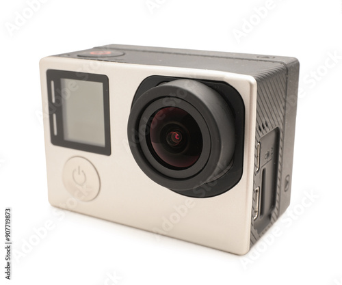 One modern action camera isolated on white