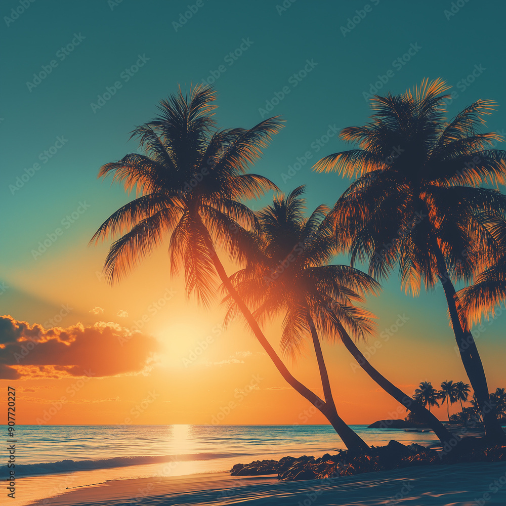 Fototapeta premium Hot sun over a tropical beach with palm trees