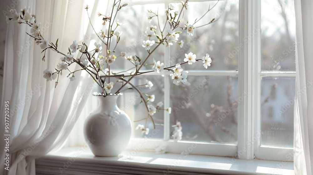 A beautiful vase full of flowers on the windowsill, next to the window pane with beautiful sunlight A beautiful vase full of flowers on the windowsill, next to the window pane with beautiful sunlight