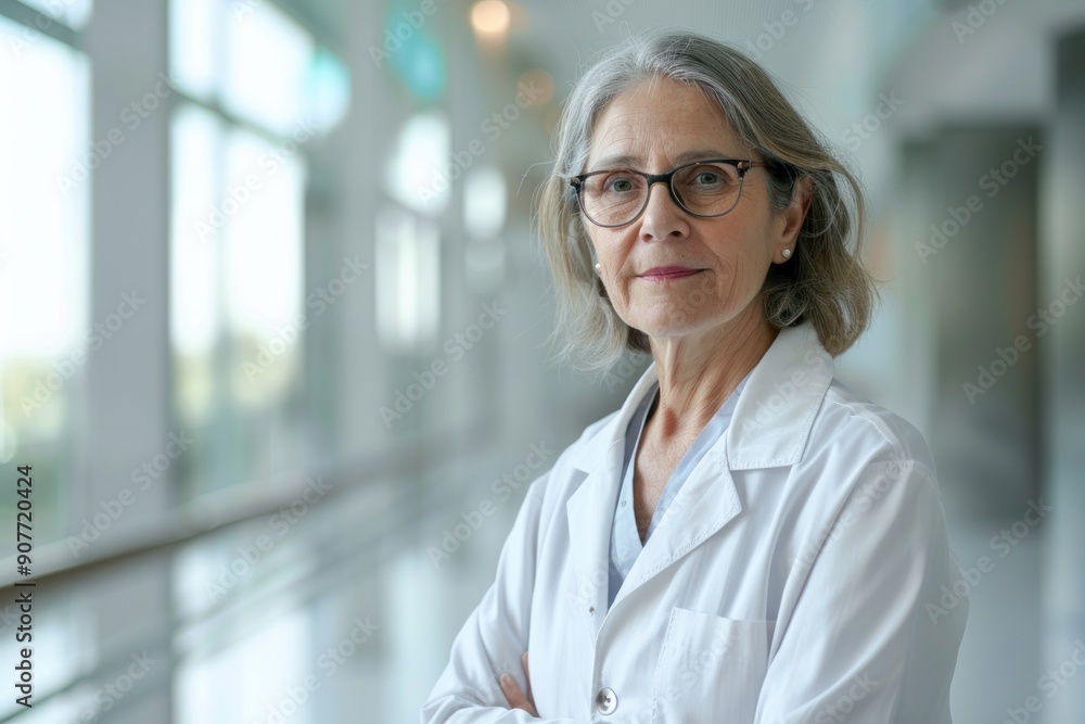 Fototapeta premium Confident Senior Female Doctor in Hospital. A confident senior female doctor with glasses and a lab coat