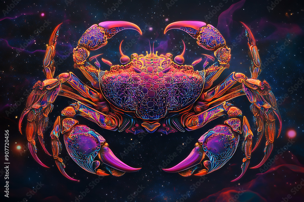 Cancer zodiac sign with intricate details and vibrant colors, highlighting its majestic symbolism. The artwork features a beautifully rendered crab with celestial elements, symbolizing Cancer's connec Cancer zodiac sign with intricate details and vibrant colors, highlighting its majestic symbolism. The artwork features a beautifully rendered crab with celestial elements, symbolizing Cancer's connec