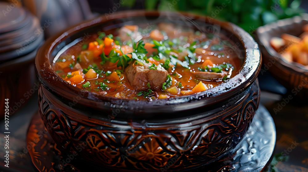 Close-up, national, Ukrainian dish - borscht in a beautiful traditional dish. Close-up, national, Ukrainian dish - borscht in a beautiful traditional dish.