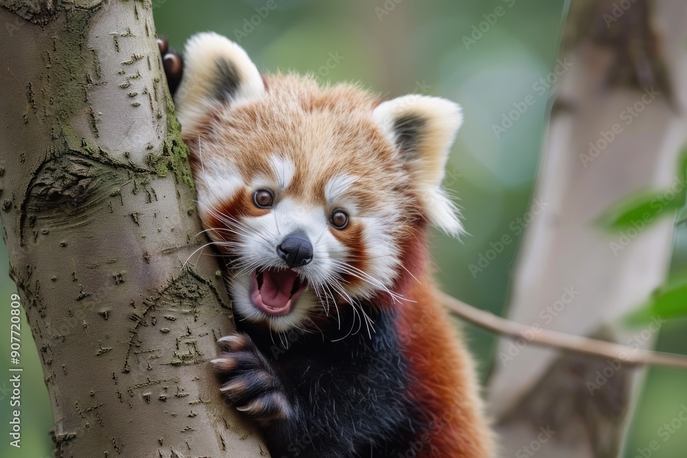 Fototapeta premium cute baby red panda very happy and playful in the tree