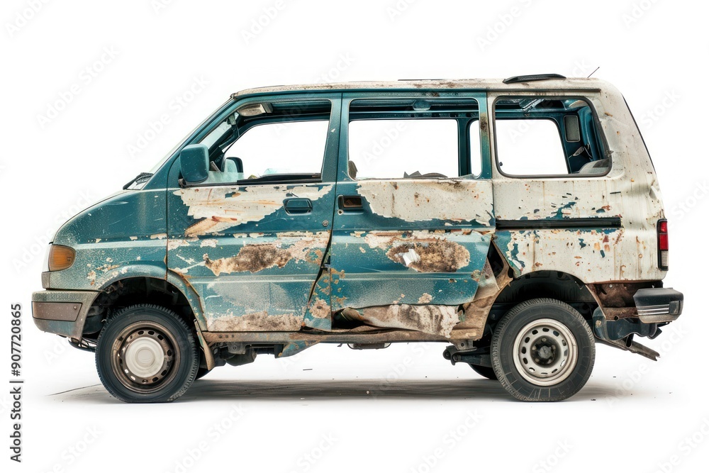 Damaged car mini van isolated on white background. Crashed car after accident. Insurance, repair car service Damaged car mini van isolated on white background. Crashed car after accident. Insurance, repair car service