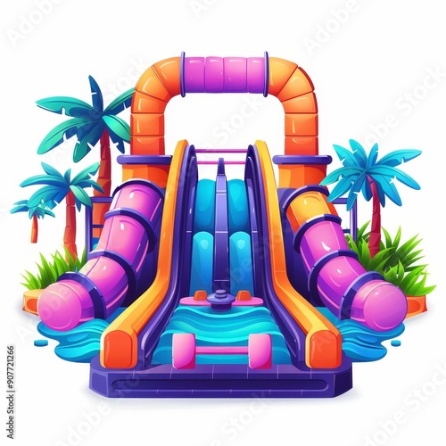 Colorful inflatable water slide with multiple lanes and tropical palm trees, perfect for summer fun and outdoor activities.